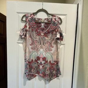 World Unity L Shirt Top White Paisley Cold Shoulder Short Sleeve V Neck #2